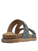 Sandalia azul de cuero con tiras ajustables y hebillas metálicas, estilo casual para mujer.