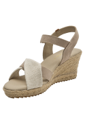 Cuero beige liso y lona textil en alpargata de mujer, suela de esparto rústica.