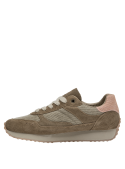 Zapatilla de cuero taupe con cordones crema, diseño urbano femenino y texturizado.