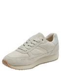 elegante zapatilla urbana beige de cuero con secciones textiles para mujer