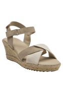 Alpargata de mujer beige en cuero y lona con tiras cruzadas, estilo casual y boho chic.