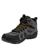 Botín gris oscuro de hombre estilo outdoor con detalles en negro y cordones negros con amarillo.
