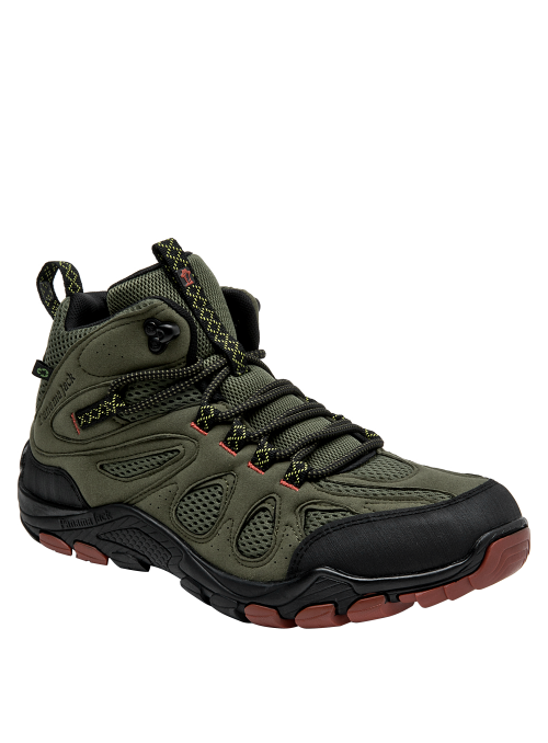 Botín verde para hombre, estilo trekking, con suela rojiza y detalles en negro, ideal para uso diario.