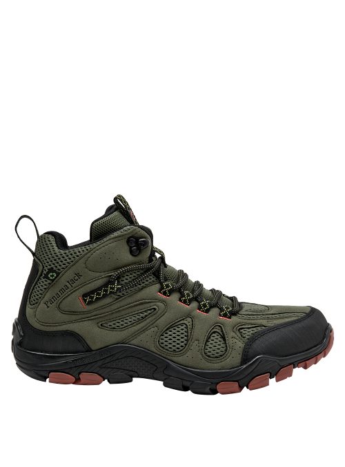 Botín verde para hombre, estilo trekking, con suela rojiza y detalles en negro, ideal para uso diario.