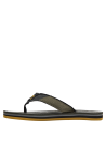 Sandalia casual masculina en material sintético con suela gruesa marrón mostaza y rayas coloridas.