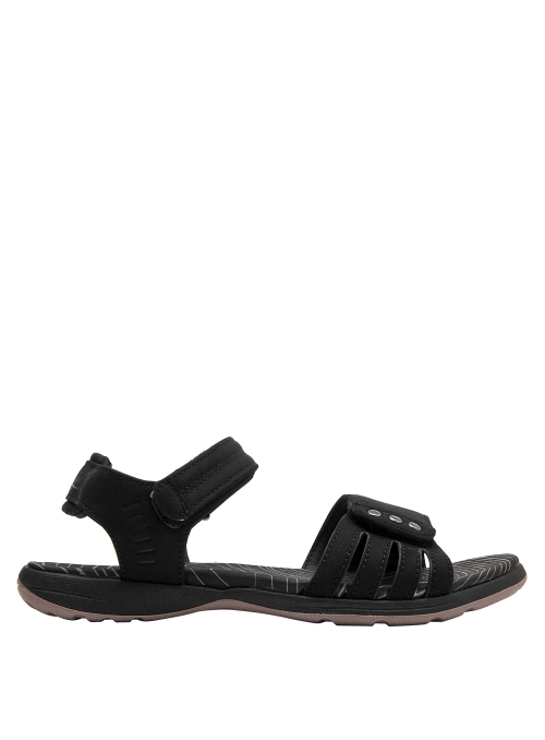 Sandalia sintética negra, ideal para paseos al aire libre y ropa veraniega.