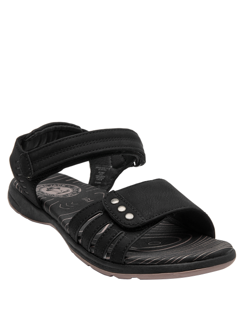 Sandalia sintética negra, ideal para paseos al aire libre y ropa veraniega.
