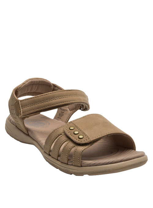 Sandalia beige de material sintético, combina con ropa casual y estilo boho.