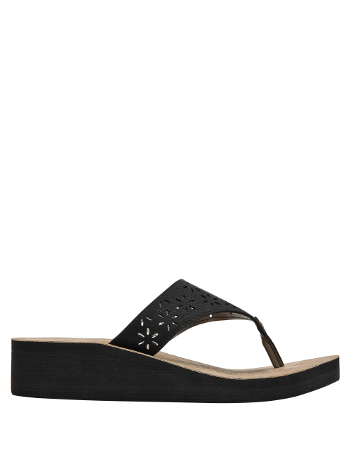 Sandalia femenina en negro con detalles florales perforados, combinable con vestidos o jeans.