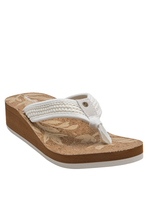 Sandalia bohemia de mujer en color blanco con base de corcho y detalles tejidos, ideal para verano.