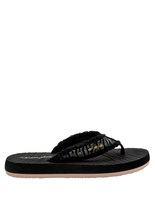 Sandalia de textil negro con diseño moderno y detalles dorados.