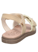 Sandalia beige de niña, diseño minimalista con detalles florales y borde con flecos.