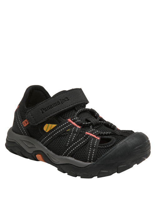 Calzado sintético negro infantil con detalles dinámicos en naranja y amarillo.