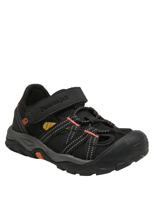 Calzado sintético negro infantil con detalles dinámicos en naranja y amarillo.