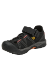Calzado infantil outdoor negro con tiras cruzadas y cierre de velcro para fácil ajuste.
