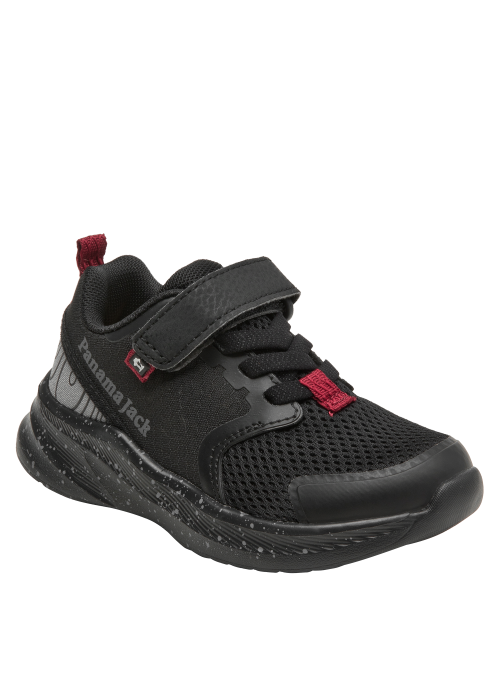 calzado negro con detalles rojos, cierre seguro de velcro, perfecto para niños activos.