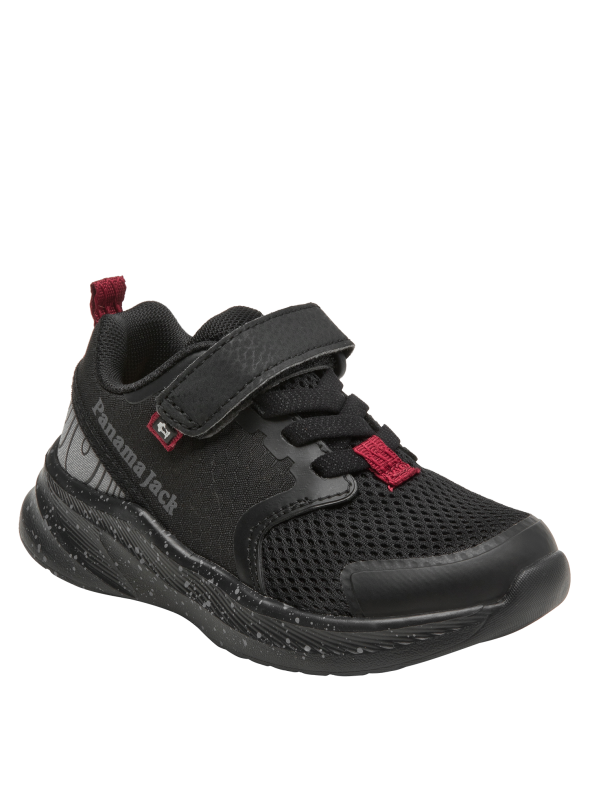 calzado negro con detalles rojos, cierre seguro de velcro, perfecto para niños activos.