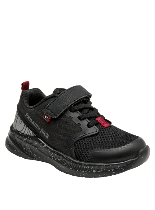 Calzado negro infantil con suela dinámica y detalles en rojo, combina con prendas casuales.