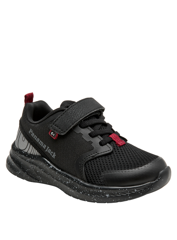 Calzado negro infantil con suela dinámica y detalles en rojo, combina con prendas casuales.