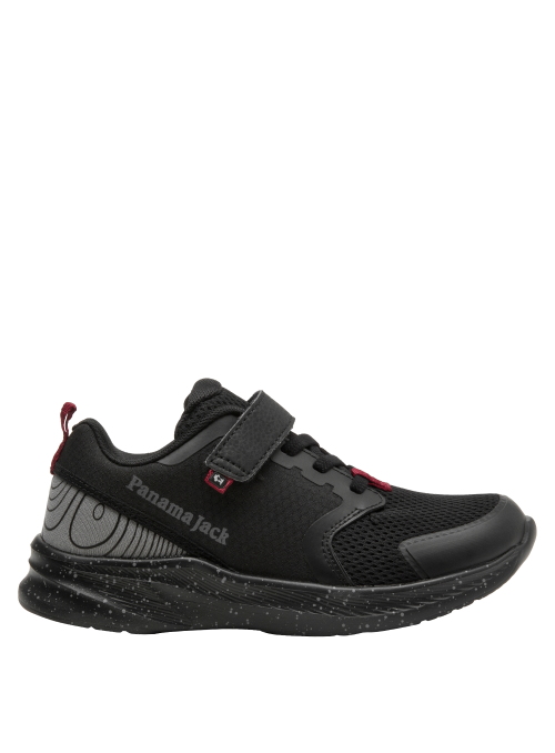 zapatilla negra de niño, detalles rojos, cómoda para el colegio y salidas informales, cierre de velcro