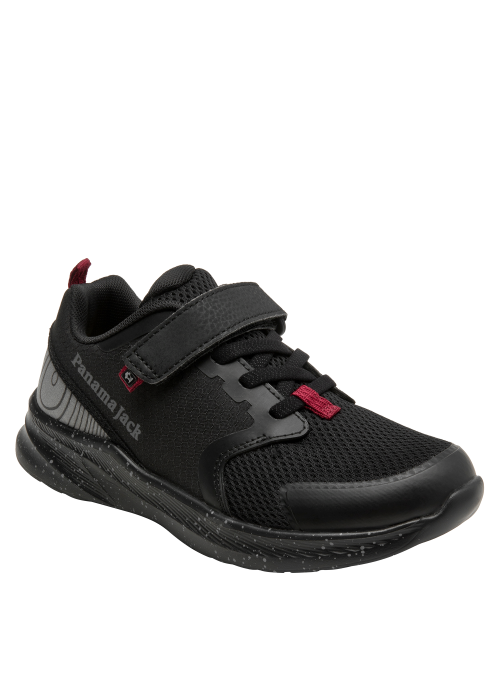 zapatilla negra de niño, detalles rojos, cómoda para el colegio y salidas informales, cierre de velcro