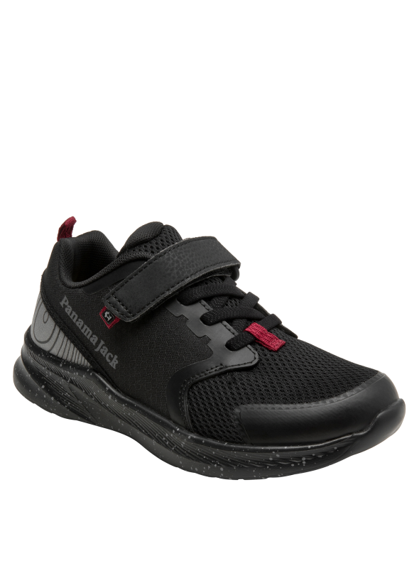 zapatilla negra de niño, detalles rojos, cómoda para el colegio y salidas informales, cierre de velcro