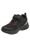 zapatilla negra de niño con detalles en rojo y cierre de velcro, ideal para running y actividades al aire libre.