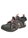 Sandalia outdoor negra de niña con cordones elásticos rosas y suela robusta para tracción y comodidad.