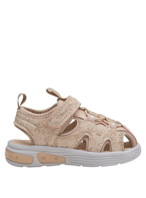 Sandalia de niña en material sintético beige, elegante y minimalista con diseño floral.
