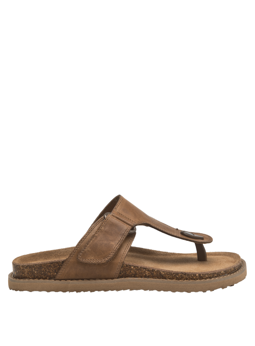 Sandalia de cuero camel para mujer con tira central ajustable y estilo relajado para días de verano.