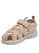 Sandalia beige de niña con estampado floral y cierres de velcro para comodidad y ajuste seguro.