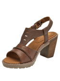 Sandalia de cuero café para mujer, diseño elegante y funcional con correas modernas y hebilla ajustable.