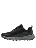 zapatilla textil negra con logotipo lateral gris, ideal para actividades al aire libre
