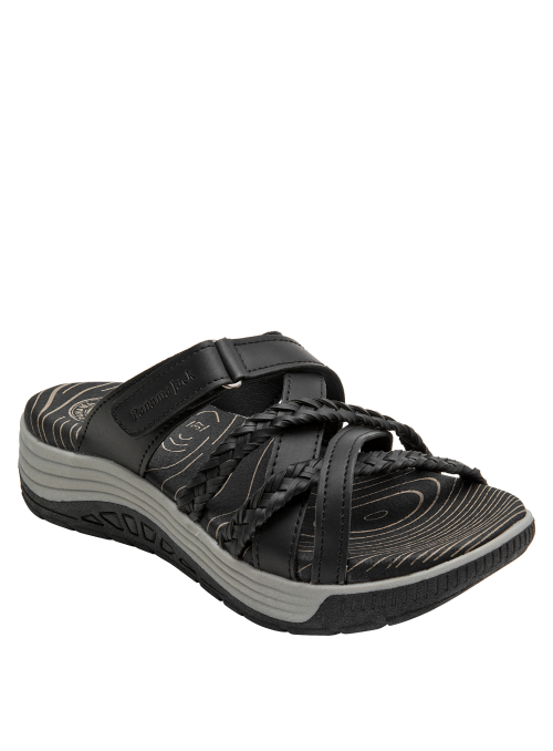 Sandalia negra para mujer, estilo outdoor, sintética, ideal para combinar con jeans o vestidos.