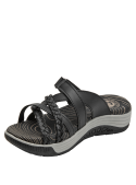 Sandalia negra minimalista para mujer, material sintético, adaptable a diversas ocasiones.