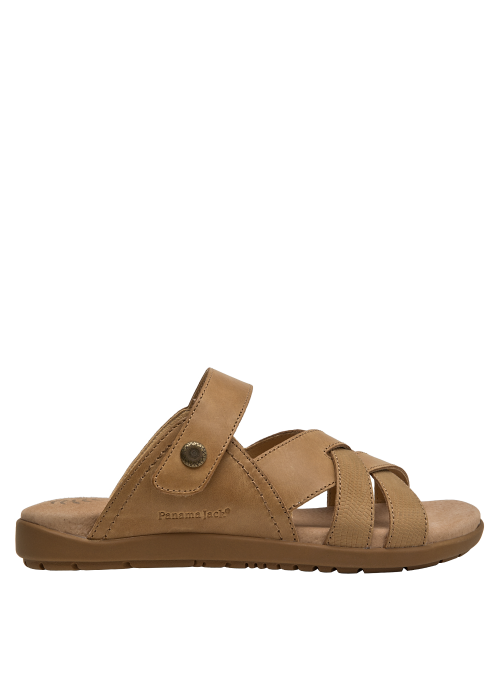 Elegante sandalia camel de cuero, diseño atemporal que complementa cualquier atuendo casual.
