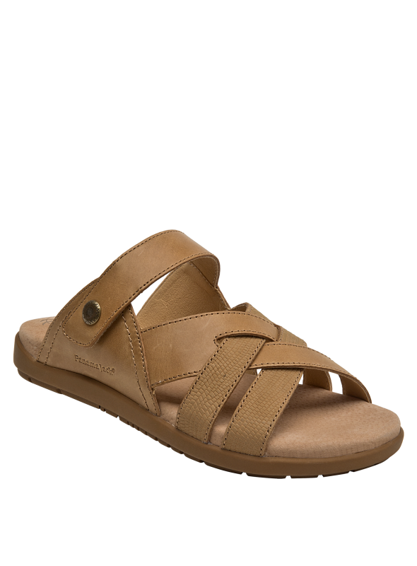 Elegante sandalia camel de cuero, diseño atemporal que complementa cualquier atuendo casual.