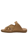 Detalle del cuero camel en sandalia plana femenina, perfecta para combinar con jeans o vestidos.