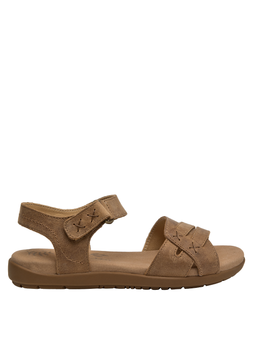 Sandalia para mujer en cuero café, ideal para climas cálidos.