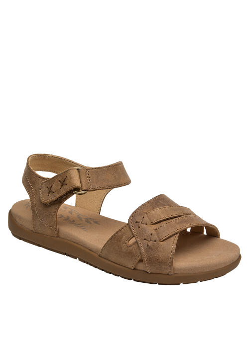 Sandalia para mujer en cuero café, ideal para climas cálidos.