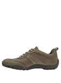 suela plana de 2 cm en zapatilla taupe de cuero para mujer, perfil bajo