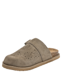 Sandalia versátil de cuero taupe con punta redonda y taco plano de 3,5 cm.