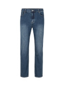 Jeans azul para hombre con pretina de pasadores y cierre de botón y cremallera metálica.