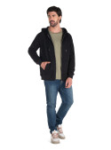 Polerón negro casual para hombre con mezcla de algodón y poliéster, detalle acanalado en puños.