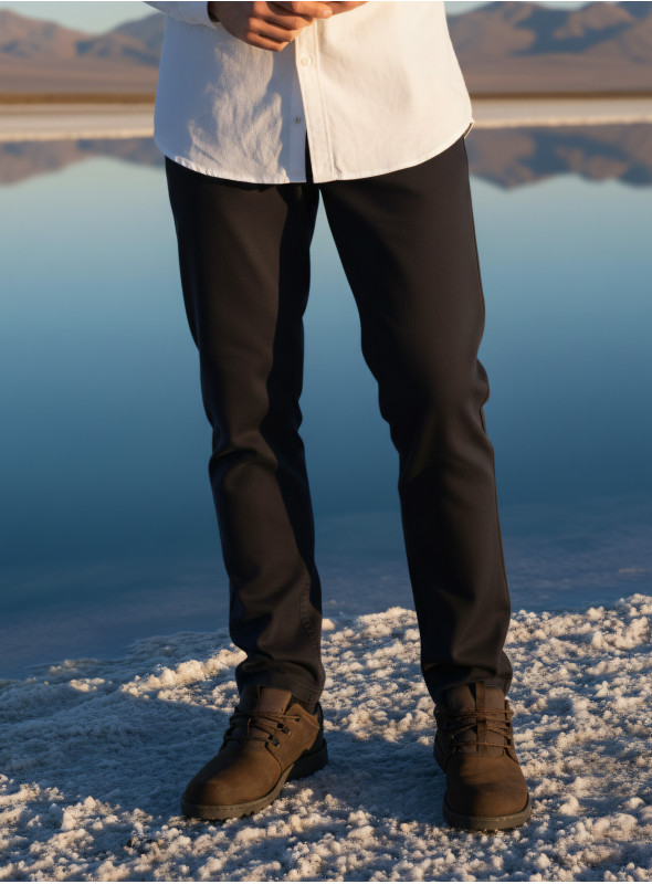 Pantalón negro de hombre en canvas, textura tipo lona y acabado mate.