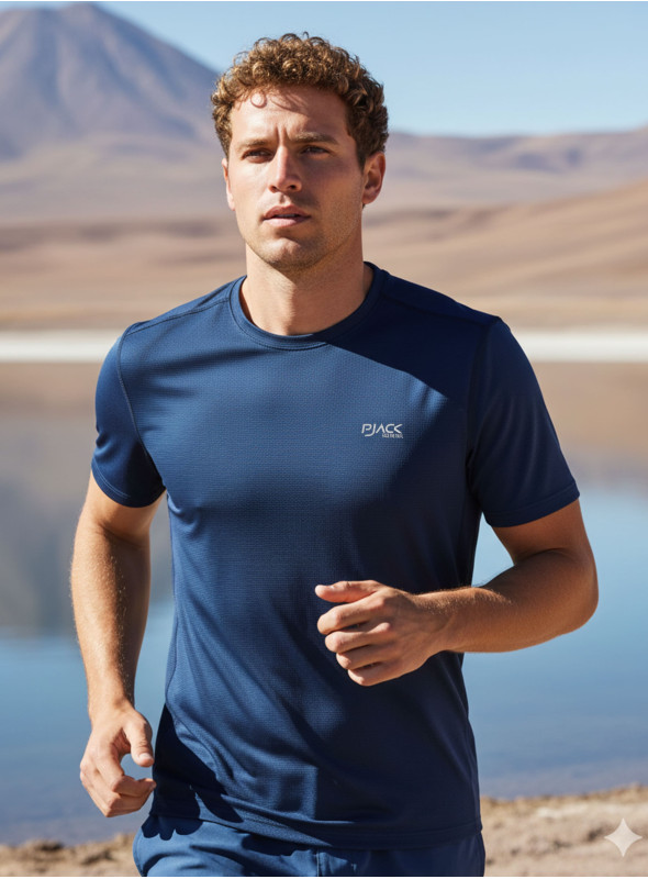 Polera azul para hombre de training, mezcla de poliéster y spandex, diseño limpio y versátil.