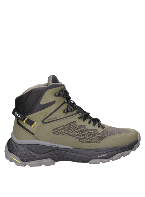Botín trail running verde para hombre, estilo outdoor, material sintético, ideal para aventuras al aire libre.