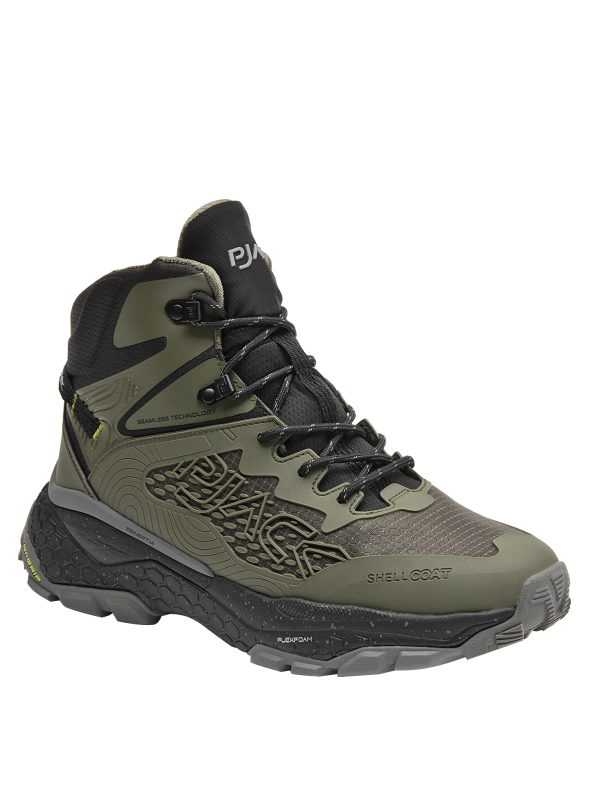 Botín trail running verde para hombre, estilo outdoor, material sintético, ideal para aventuras al aire libre.