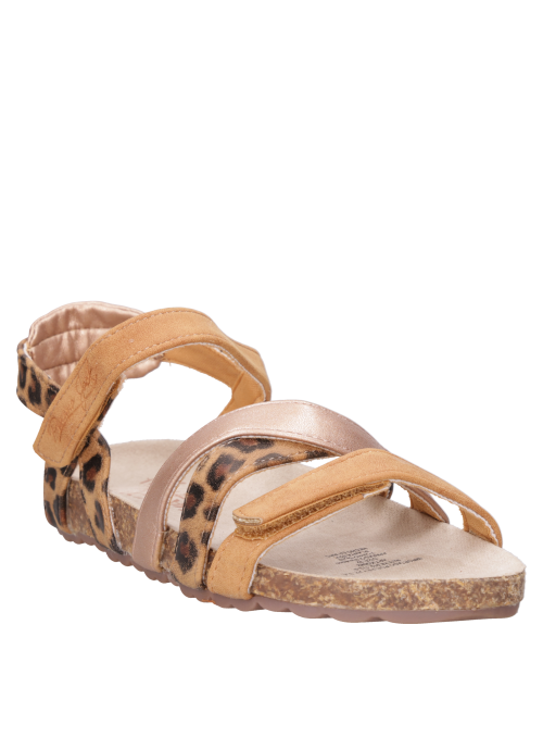 Sandalia cómoda para niña en tono camel, diseño liviano, recomendado para explorar la ciudad.