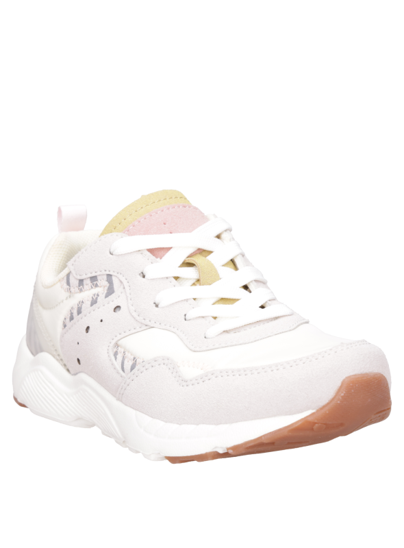 Zapatilla blanca para niña, estilo sencillo, ideal para usar con chaqueta o parka.